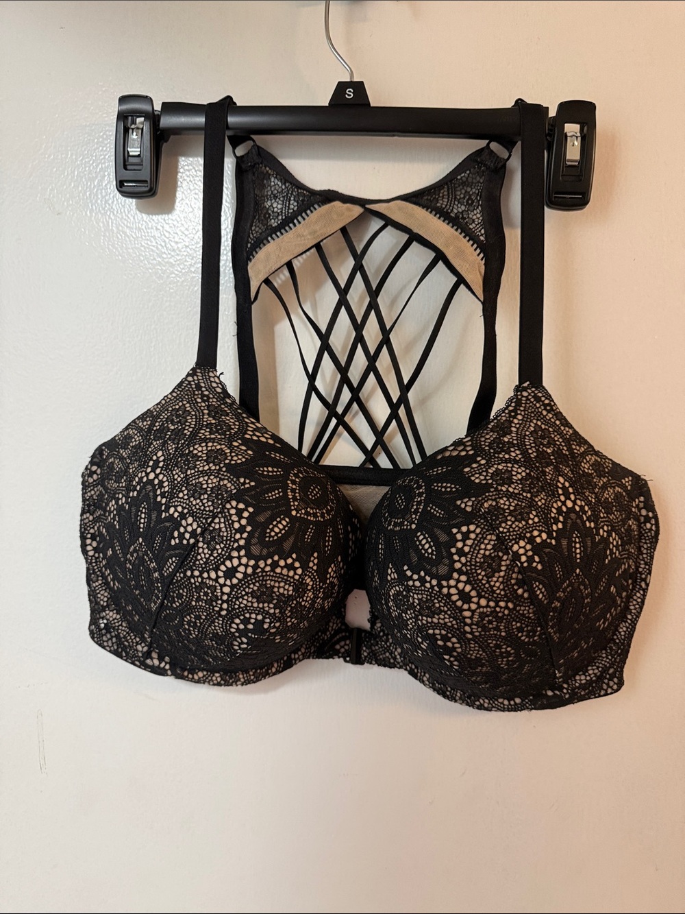 Victoria's Secret Black Lace Overlay Bra with Nude Lining and Strappy Back